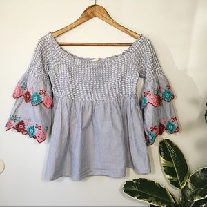 Loft Off Shoulder Striped Embroidered Ruffle Top